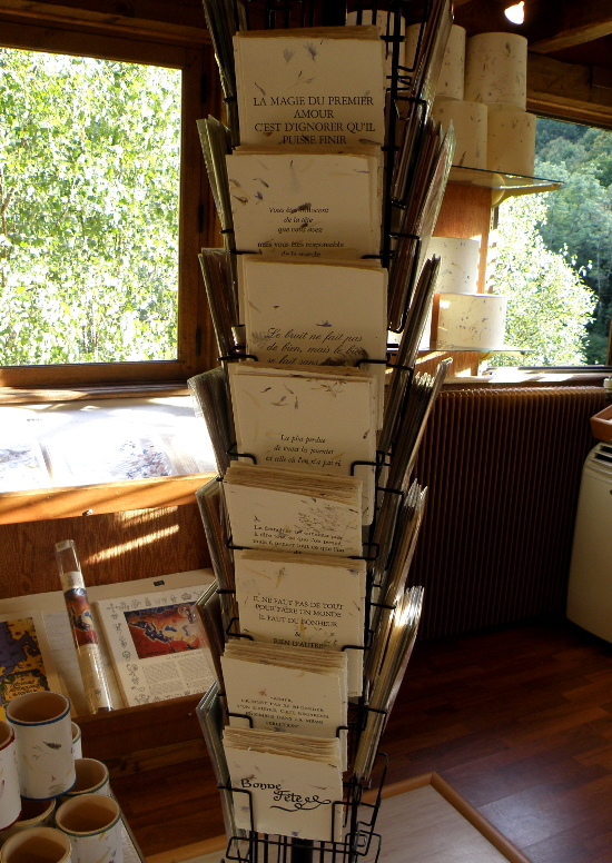 Des cartes de correspondance et en arrière plan des abat-jour réalisés avec des feuilles avec inclusions florales